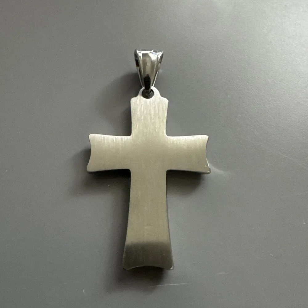 Stainless Steel Cross Pendant Scripture Silver Plated 24 Inch Chain Religious